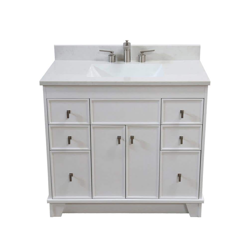 White Solid Wood Freestanding Single Sink Vanity with Quartz Top
