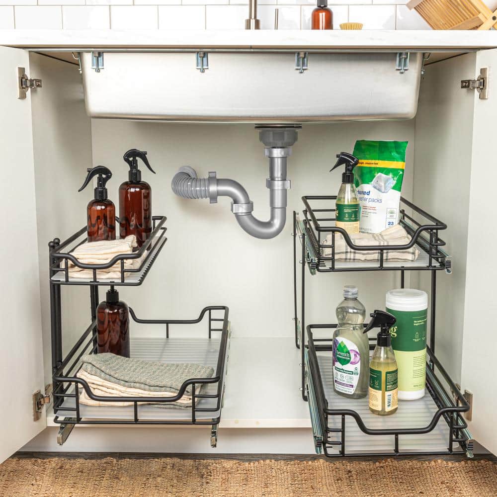 Black Dual-Slide Steel 2-Tier Pull-Out Storage Organizer