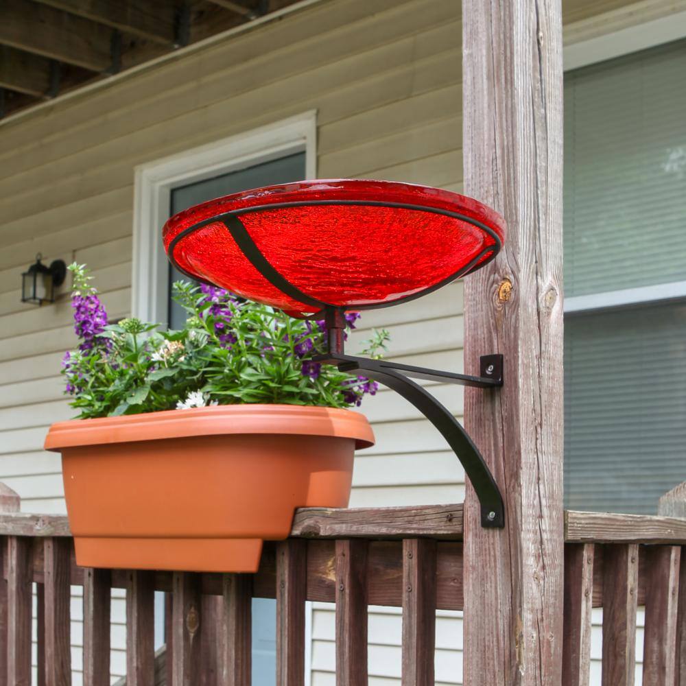 Red Crackle Glass Birdbath with Black Wrought Iron Wall Mount