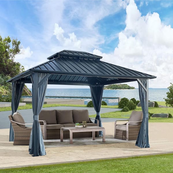 10 ft. x 12 ft. Galvanized Steel Double Roof Hardtop Gazebo with Aluminum Frame, Mosquito Netting&Curtains for Garden