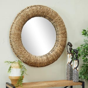 37 in. x 37 in. Coiled Weaved Frame Round Framed Brown Wall Mirror
