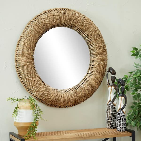37 in. x 37 in. Coiled Weaved Frame Round Framed Brown Wall Mirror
