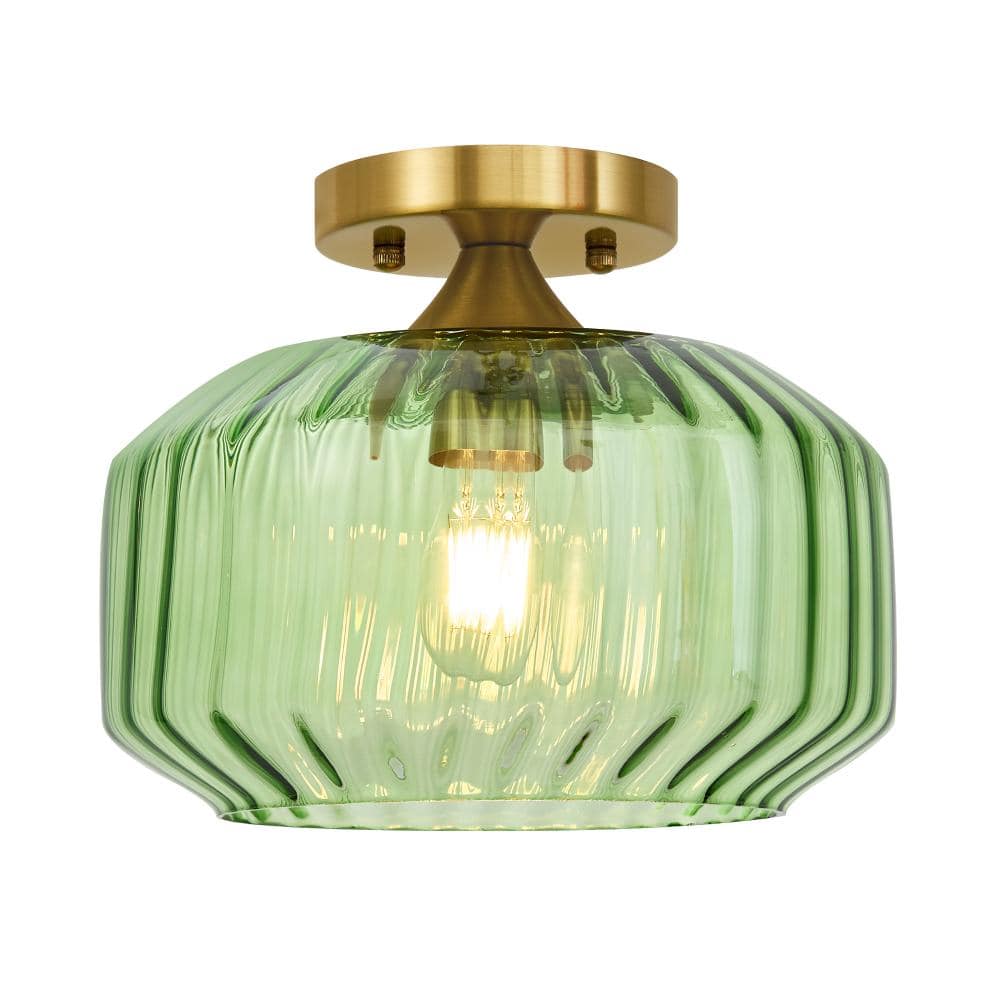 Modern 9.84 in. 1-Light Brushed Gold Flush Mount with Textured Green Glass Shade and No Bulbs Included 1-Pack price history on PriceWatchPro