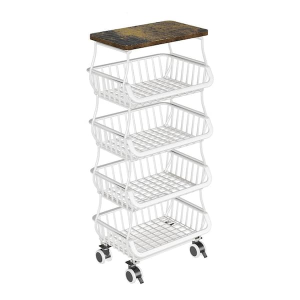 5-Tier 15.7 in. x 37 in. White Fruit Basket with Wooden Top and Wheels, Stackable Metal Wire Storage Cart