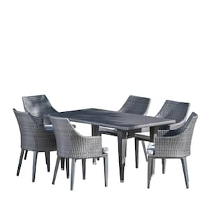 Lenox 29 in. Grey 7-Piece Metal Rectangular Outdoor Dining Set with Light Grey Cushions