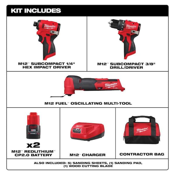 M12 12-Volt Lithium-Ion Brushless Cordless Subcompact Drill & Impact Driver Combo Kit w Oscillating Multi Tool (3-Tool)