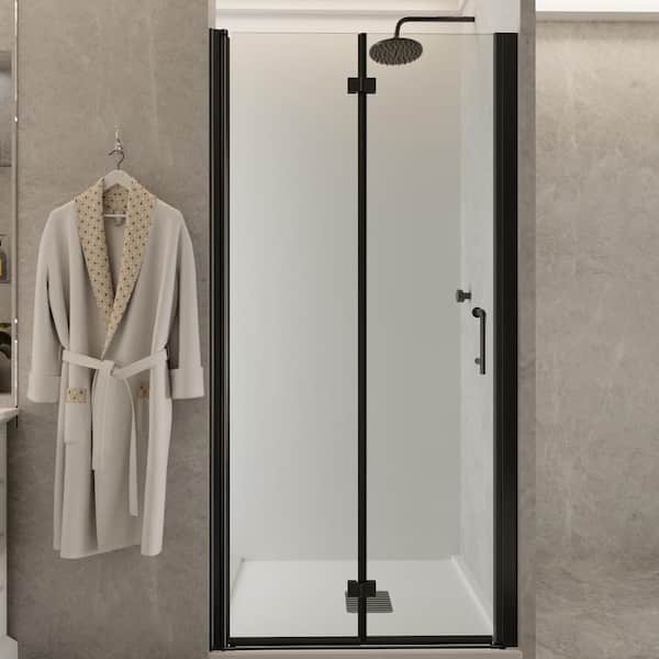 ES-DIY 36 in. to 37 in. W x 72 in. H Bi-Fold Semi Frameless Shower Door in Matte Black with Clear Glass