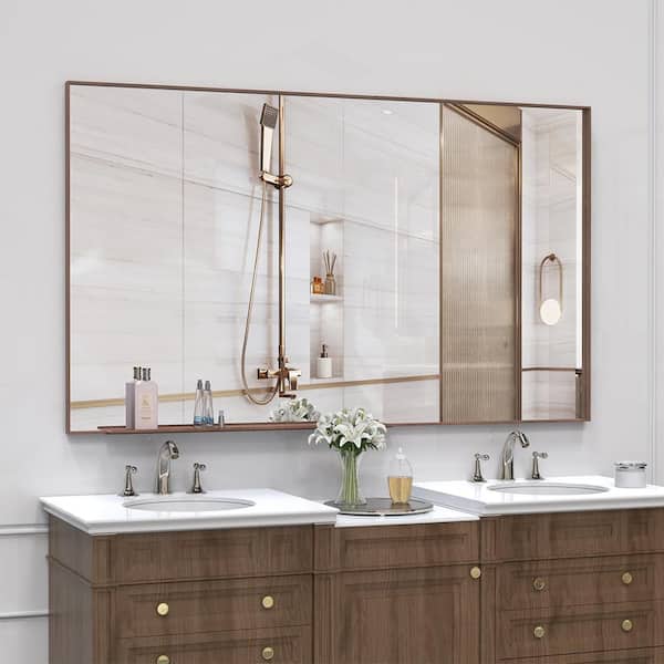 Blisstyle Brown 60 in W x 36 in. H Art Deco Rectangle Wood Framed Mirror Wall Mirror Wall Decor Mirror