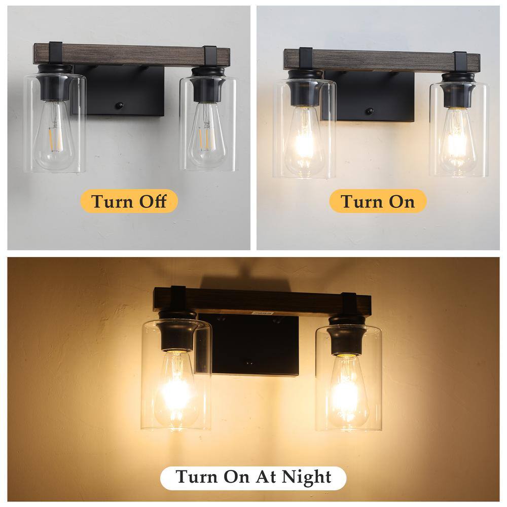14.96'' Black and Wood Grain Metal Vanity Light with Clear Glass Shades