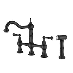 Double Handle Bridge Kitchen Faucet with Side Sprayer 4 Hole Brass Kitchen Sink Faucets with Swivel Spout in Matte Black