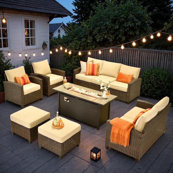 XIZZI Solidago Brown 7-Piece Wicker Patio Rectangular Fire Pit Set with Beige Cushions