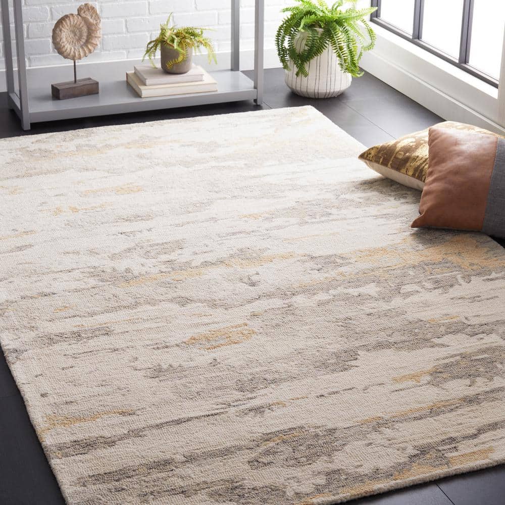 Ivory and Gray Abstract Handmade Wool 4' x 6' Area Rug