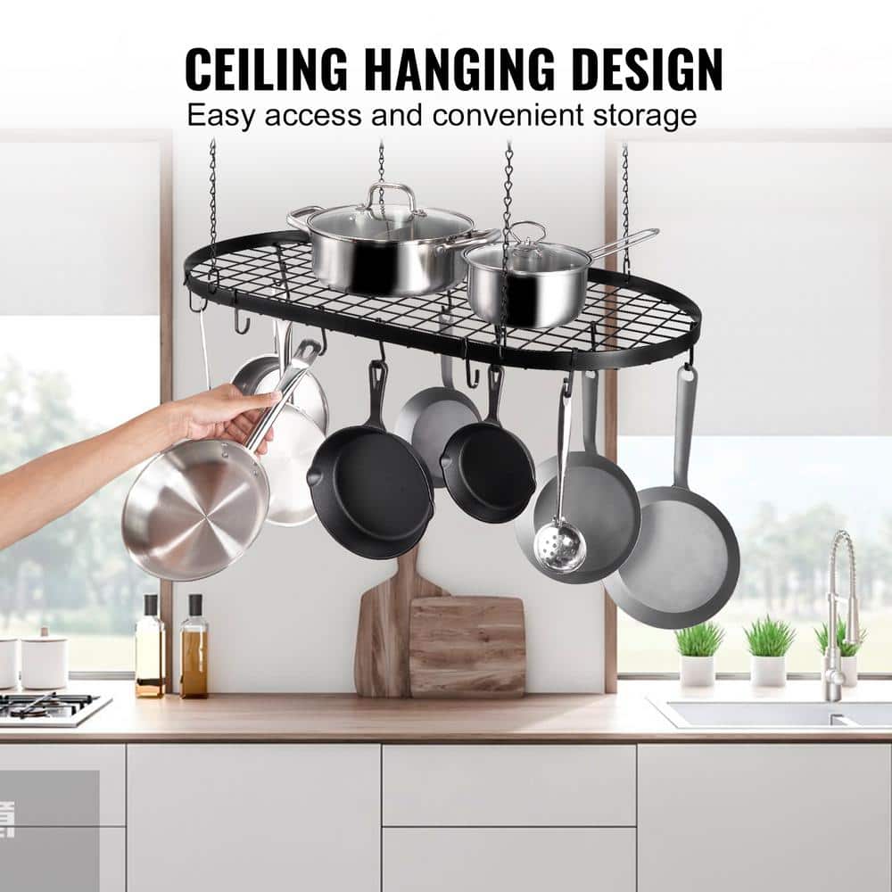 Black Carbon Steel Ceiling Mounted Pot Rack with 12 Hooks