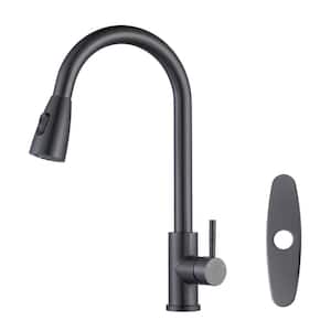 Single-Handle High Arc Kitchen Faucet with Pull Down Sprayer with Deckplate in Black