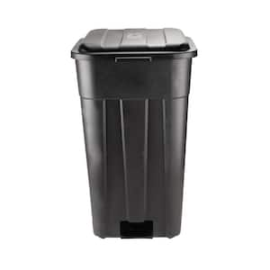 45 Gal. Black Outdoor Vented Trash Can with Wheels, Attached Lid, Rounded Handles, and Reinforced Foothold