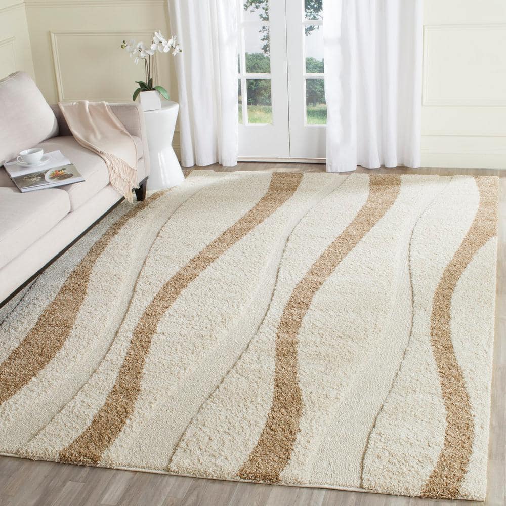 Cream and Dark Brown Square Shag Area Rug