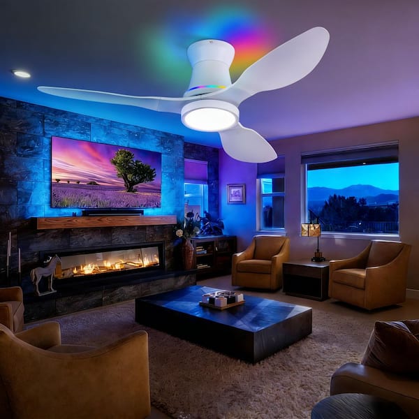 42 in. White 3-Blades Flush Mount Standard Outdoor Ceiling Fan with Full Spectrum LED/RGB Light/Remote/App Included