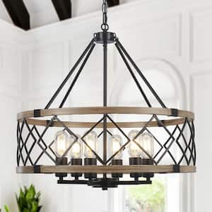 6-Light Black & Imitation Wood Grain Farmhouse Chandeliers Drum Chandelier with Metal Shade For Dining Rooms