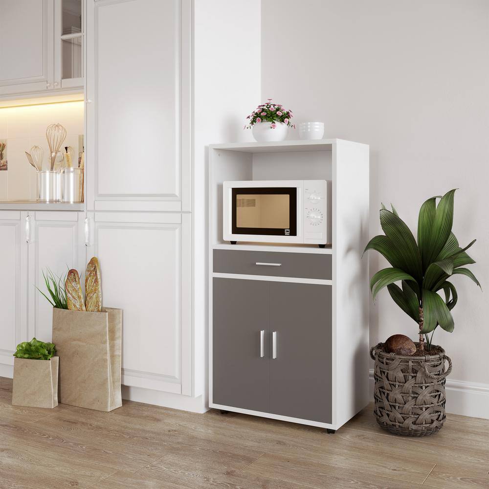 White and Gray Wood Microwave Stand with Storage and Wheels