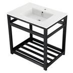 31 in. Ceramic Console Sink (1-Hole) with Stainless Steel Base in Matte Black