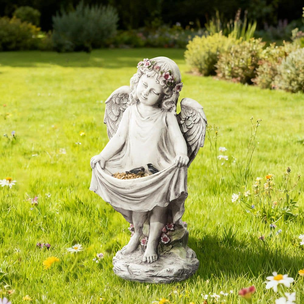 Glitzhome 21 in. H MGO Angel Garden Statue with Birdfeeder 2025400100 ...