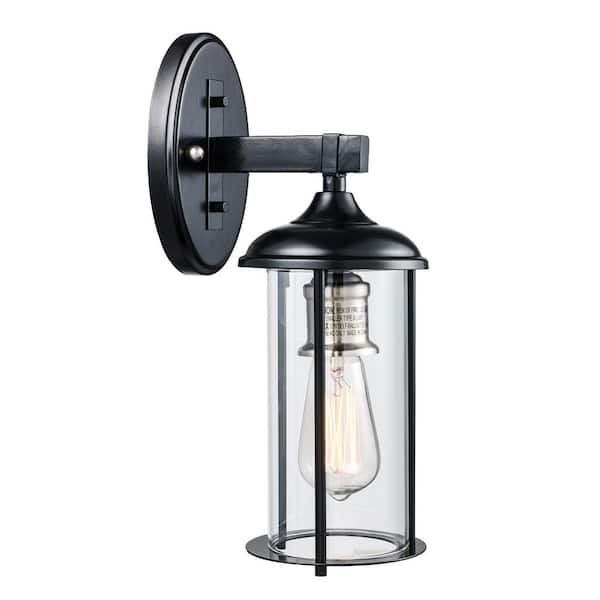 Blues 15.5 in. 1-Light Black and Brushed Nickel Outdoor Wall Light Fixture with Clear Glass