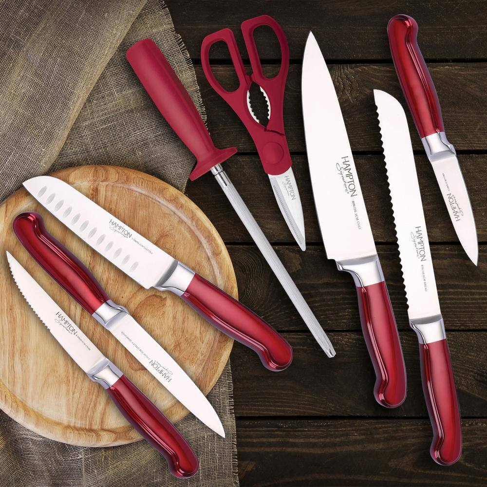 Rorik 14-Piece Red Stainless Steel Knife Block Set with Acacia Wood