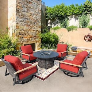 Manbo 5-Piece Aluminum Wicker Outdoor Patio Fire Pit Deep Seating Set with Sunbrella Canvas Terracotta Cushions