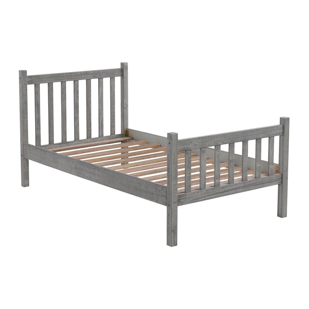 Windsor Driftwood Gray Twin Pine Wood Bed with Slats and Headboard