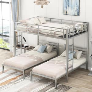 Silver Full over Twin and Twin Size Metal Triple Bunk Bed with Built-in Shelf
