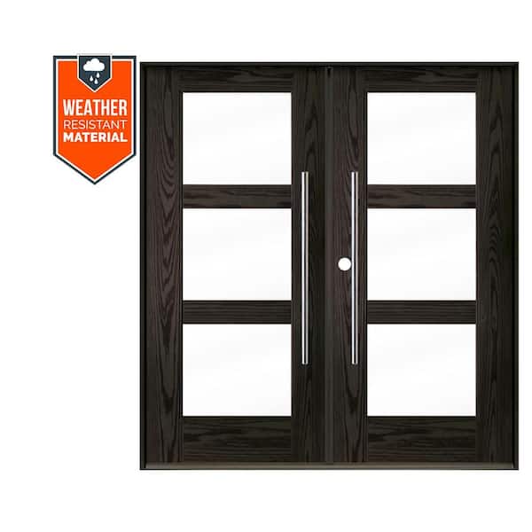 Faux Pivot 72 in. x 79 in. Right-Active/Inswing 3-Lite Clear Glass Baby Grand Stain Double Fiberglass Prehung Front Door