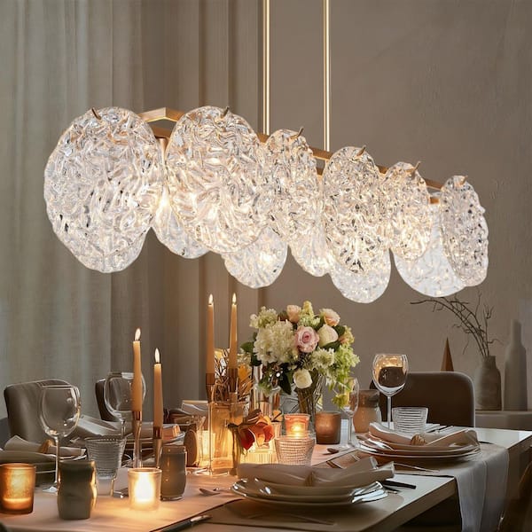 33 in. 5-Light Dark Gold Island Chandelier Lighting, Modern Farmhouse Pendant Light with Water Ripple Clear Glass Shade