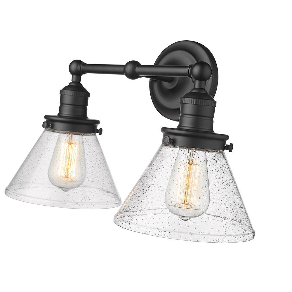 Matte Black Industrial Vanity Light with Seedy Glass Shades