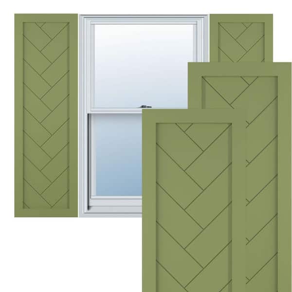 Ekena Millwork 12 in. x 34 in. PVC Single Panel Herringbone Modern Style Fixed Mount Board and Batten Shutters Pair in Moss Green