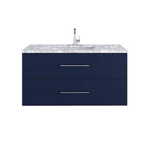 Napa 48 W x 22 D x 21-3/4 H Single Sink Bathroom Vanity Wall Mounted in Navy Blue with Carrera Marble Countertop