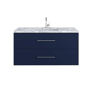 Napa 48 in. W x 22 in. D x 21-3/4 in. H Single Sink Bath VanityWall Mounted in Navy Blue with Carrera Marble Countertop