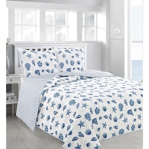 3-Piece Blue Seashell Coastal Printed Full/Queen Microfiber Quilt Set Bedspread