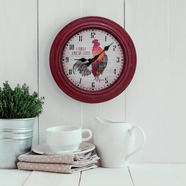 La Crosse Technology 12 in. Round Distressed Red Rooster Quartz Analog Wall Clock