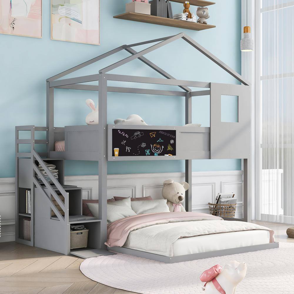Qualler Gray Twin Over Full House Bunk Bed With Storage Staircase and ...