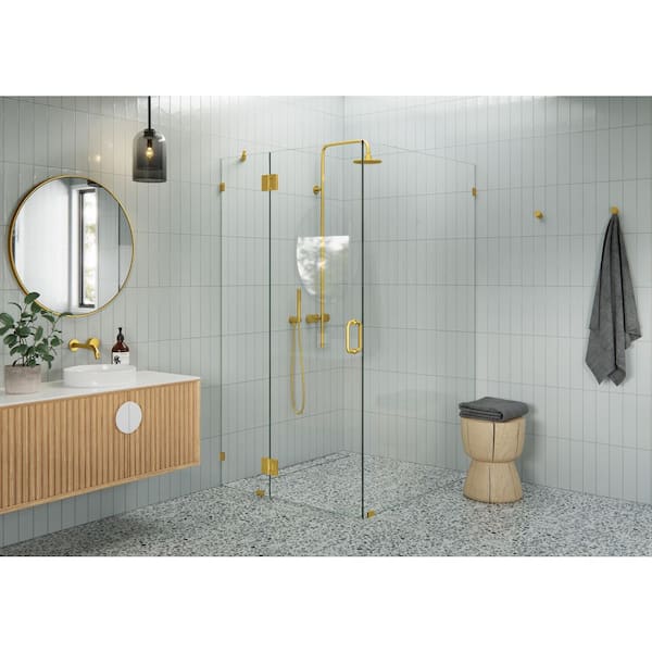 Glass Warehouse 44 in. W x 45 in. D x 78 in. H Pivot Frameless Corner Shower Enclosure in Satin Brass Finish with Clear Glass