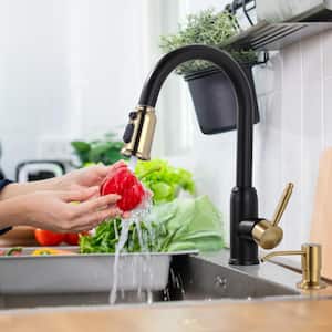 Elegant Stainless Steel Single Handle Pull Down Sprayer Kitchen Faucet with Soap Dispenser in Black and Gold