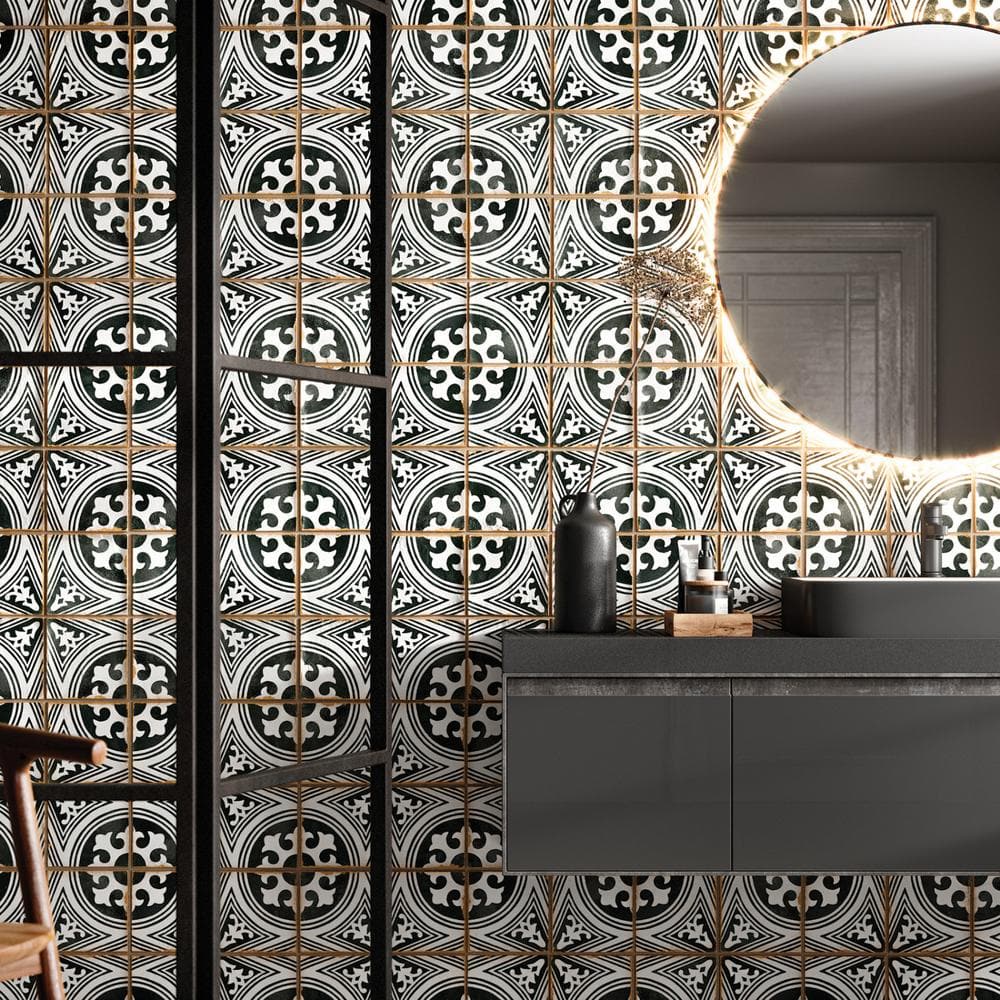 Casablanca 5" x 5" Black and White Ceramic Patterned Tile