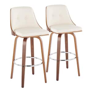 Gianna 29.5 in. Cream Faux Leather, Walnut Wood and Chrome Metal Fixed Height Bar Stool with Round Footrest (Set of 2)