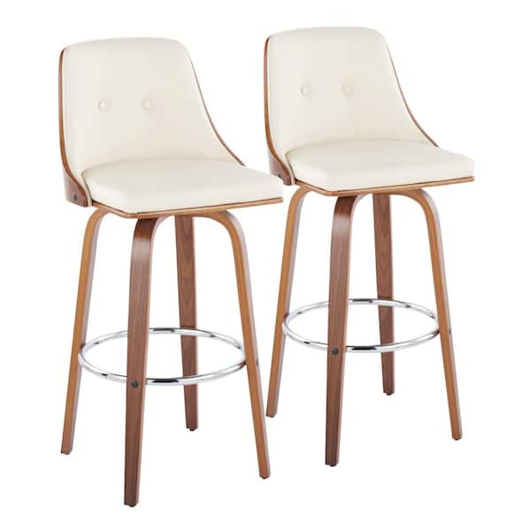 Lumisource Gianna 29.5 in. Cream Faux Leather, Walnut Wood and Chrome Metal Fixed Height Bar Stool with Round Footrest (Set of 2)
