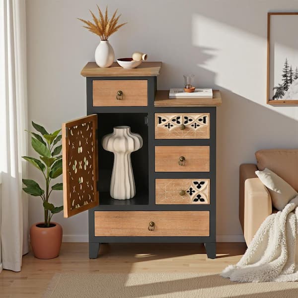 Rich Natural Blue 12 in. W Farmhouse Carved Wood Accent Chest Dresser with 1-Door and 5-Drawer