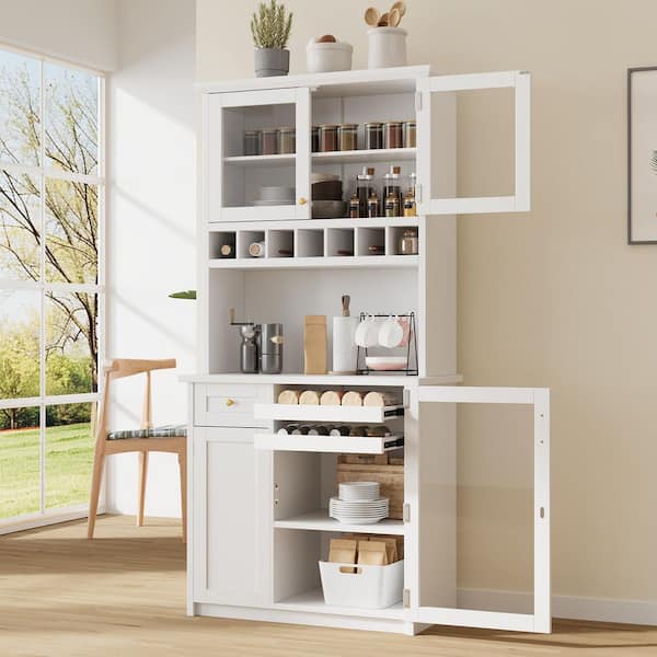 Modern White Wood 35.4 in. W Buffet with Hutch, Drawer and Glass Door