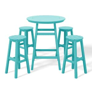 Laguna 5-Piece Bar Height HDPE Plastic Outdoor Patio Round High Top Bistro Dining Set in Turquoise