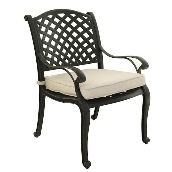 Mondawe Black Aluminum Stackable Elegant Metal Patio Outdoor Dining Chair with Canvas Natural Cushion (1-Pack)