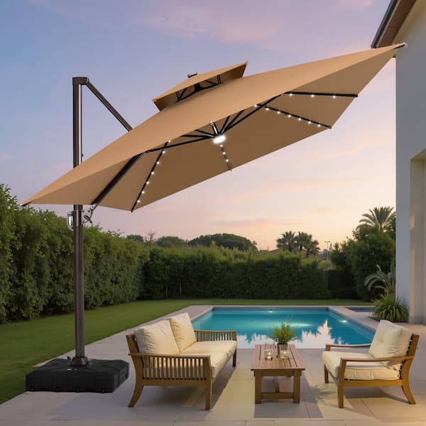 best rectangular patio umbrella Toject 15 ft. x 9 ft. Rectangular Metal Double-Sided Market Patio Umbrella  with Base and Crank in Dark Blue PU-MI700