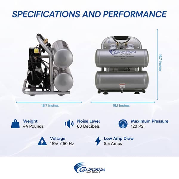 4610AC Ultra Quiet and Oil-Free 1.0 Hp, 4.6 Gal. Aluminum Twin Tank Electric Portable Air Compressor 4610AC Ultra Quiet and Oil-Free 1.0 Hp, 4.6 Gal. Aluminum Twin Tank Electric Portable Air Compressor